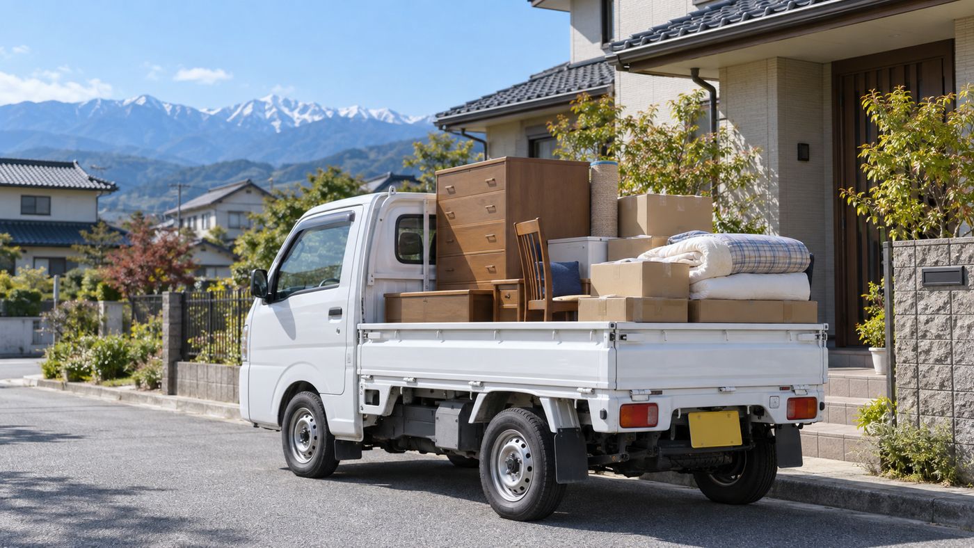 家の前に停めた軽トラックの荷台に、タンスや段ボール箱が積まれているようす（イメージ）