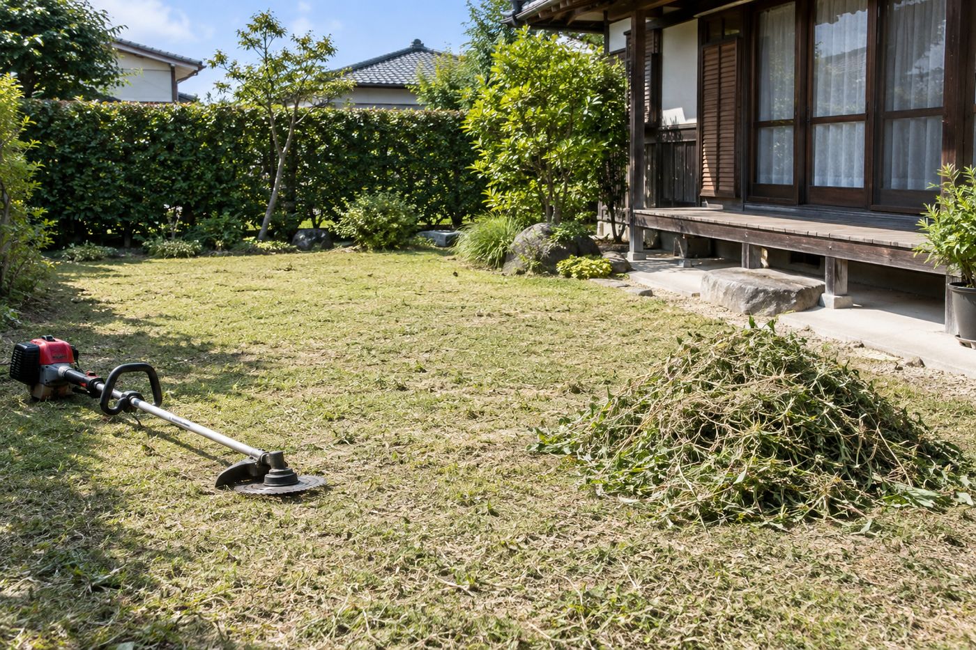草刈りを終えた庭と、脇に置いた草刈り機（イメージ）